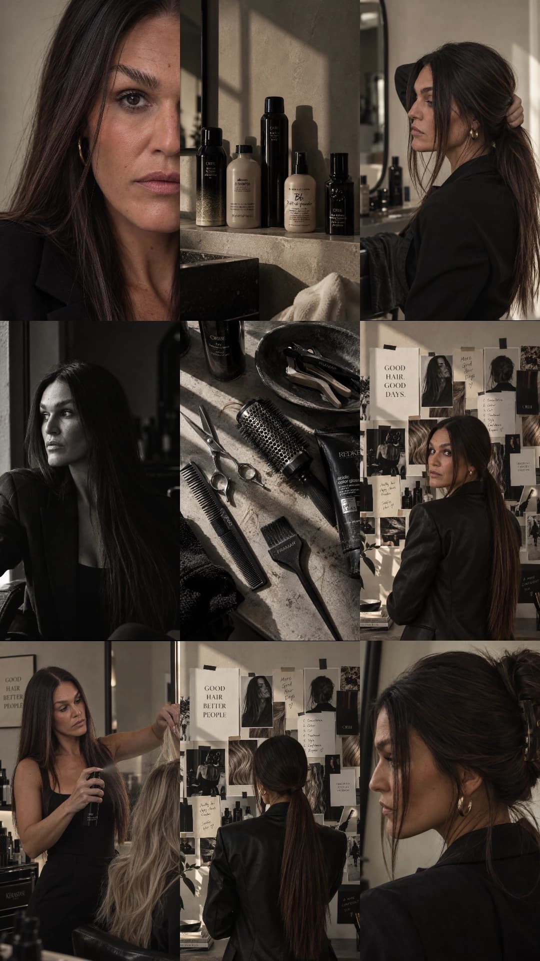Nine-image AI salon series with portraits, hair products and styling details.