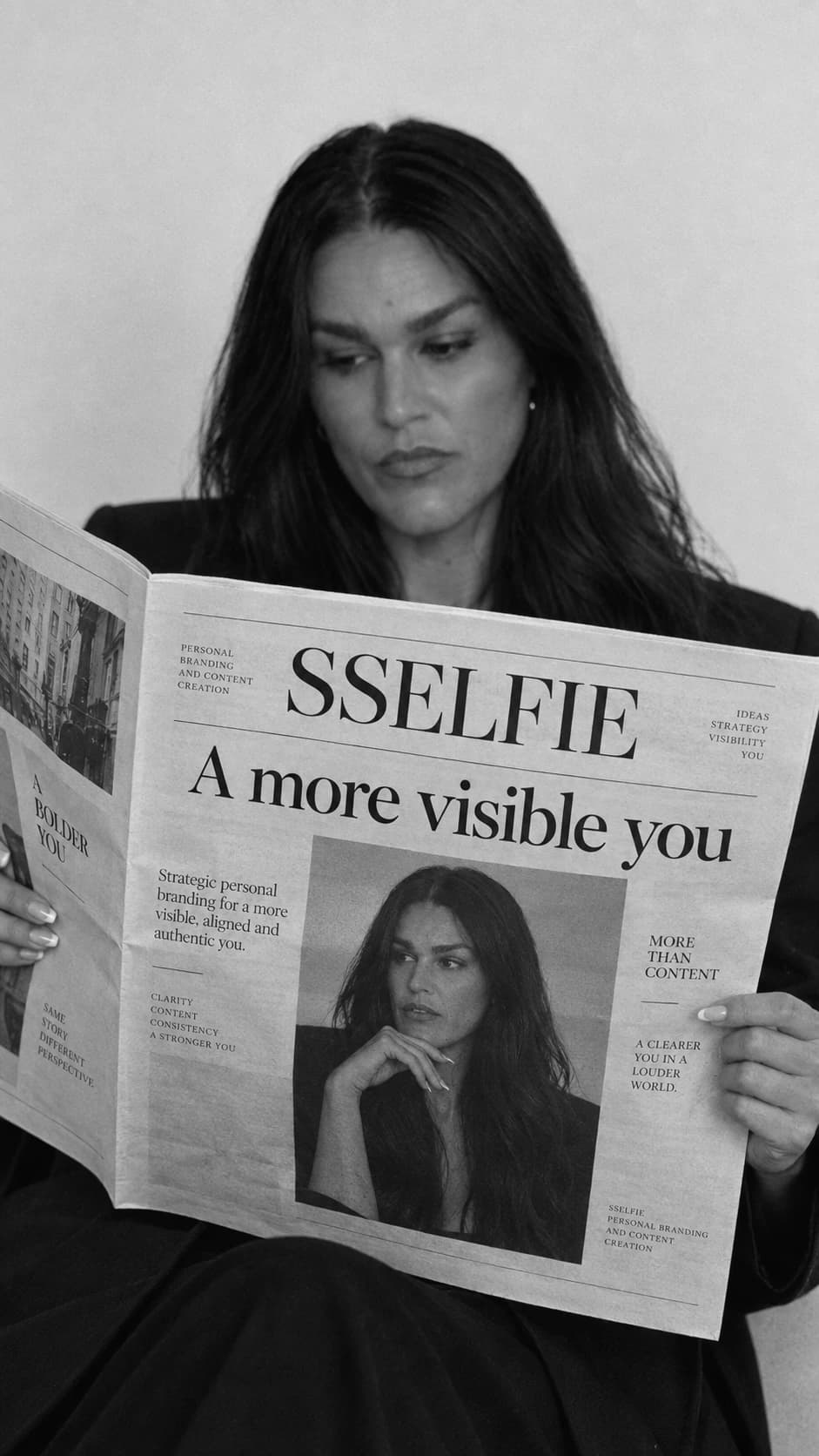 Black-and-white AI image of Sandra reading a SSELFIE newspaper.