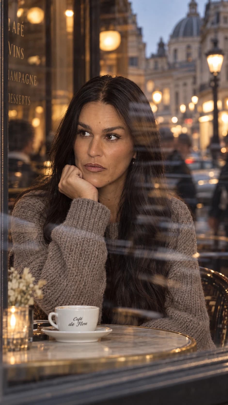 AI lifestyle image of Sandra through a café window at dusk.