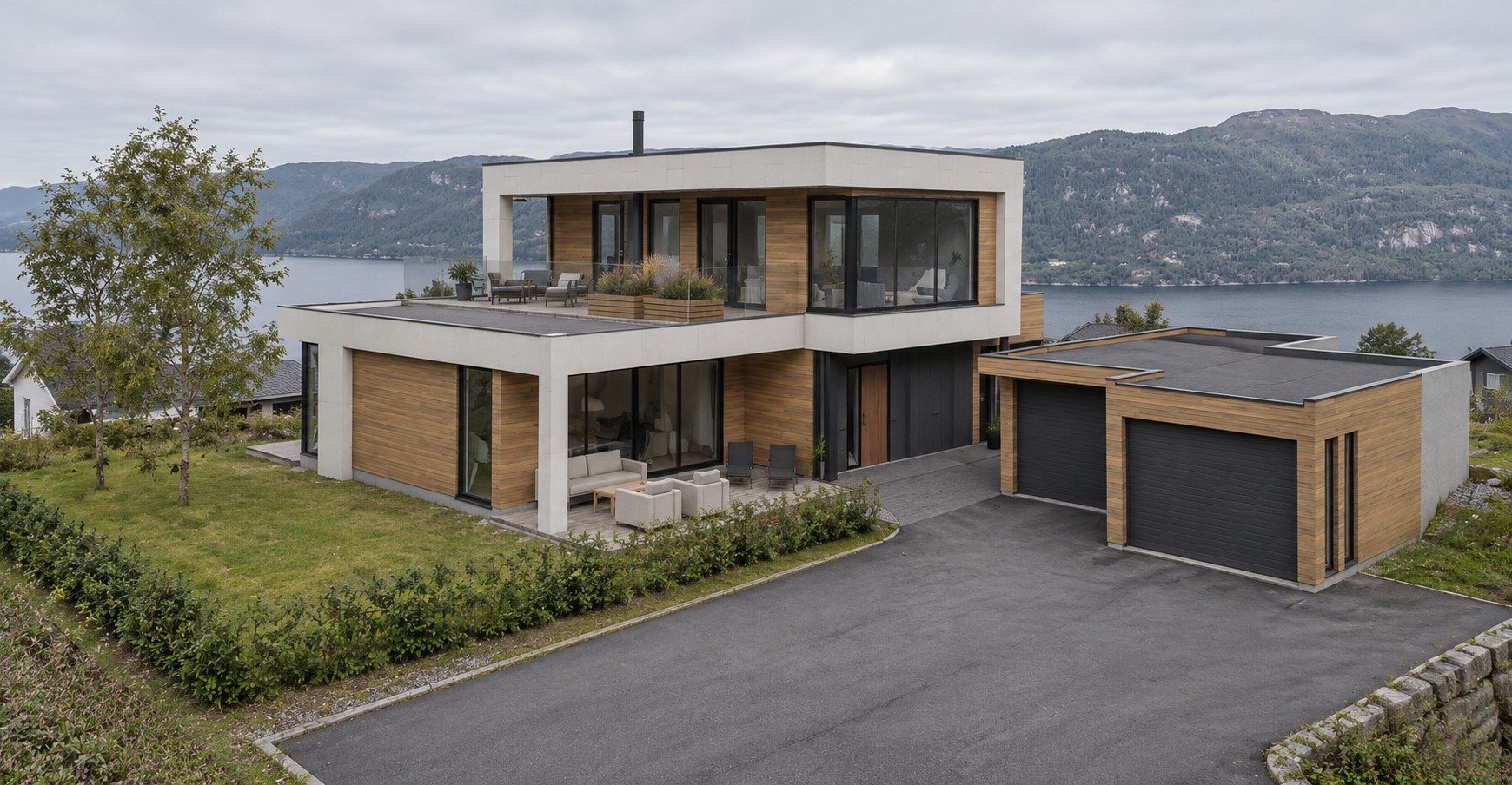 AI-konsept av Fjordvegen 22E med den refererte fasaden, garasjen og fjordlandskapet.