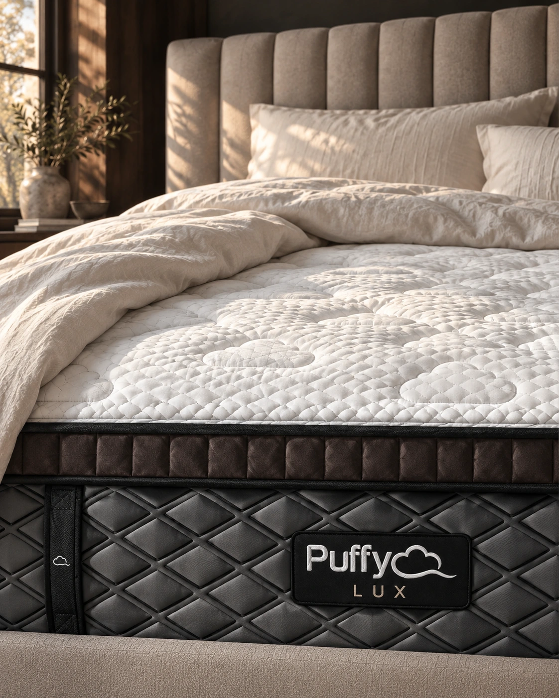 A crop of rumpled ivory linen in the campaign bedroom.