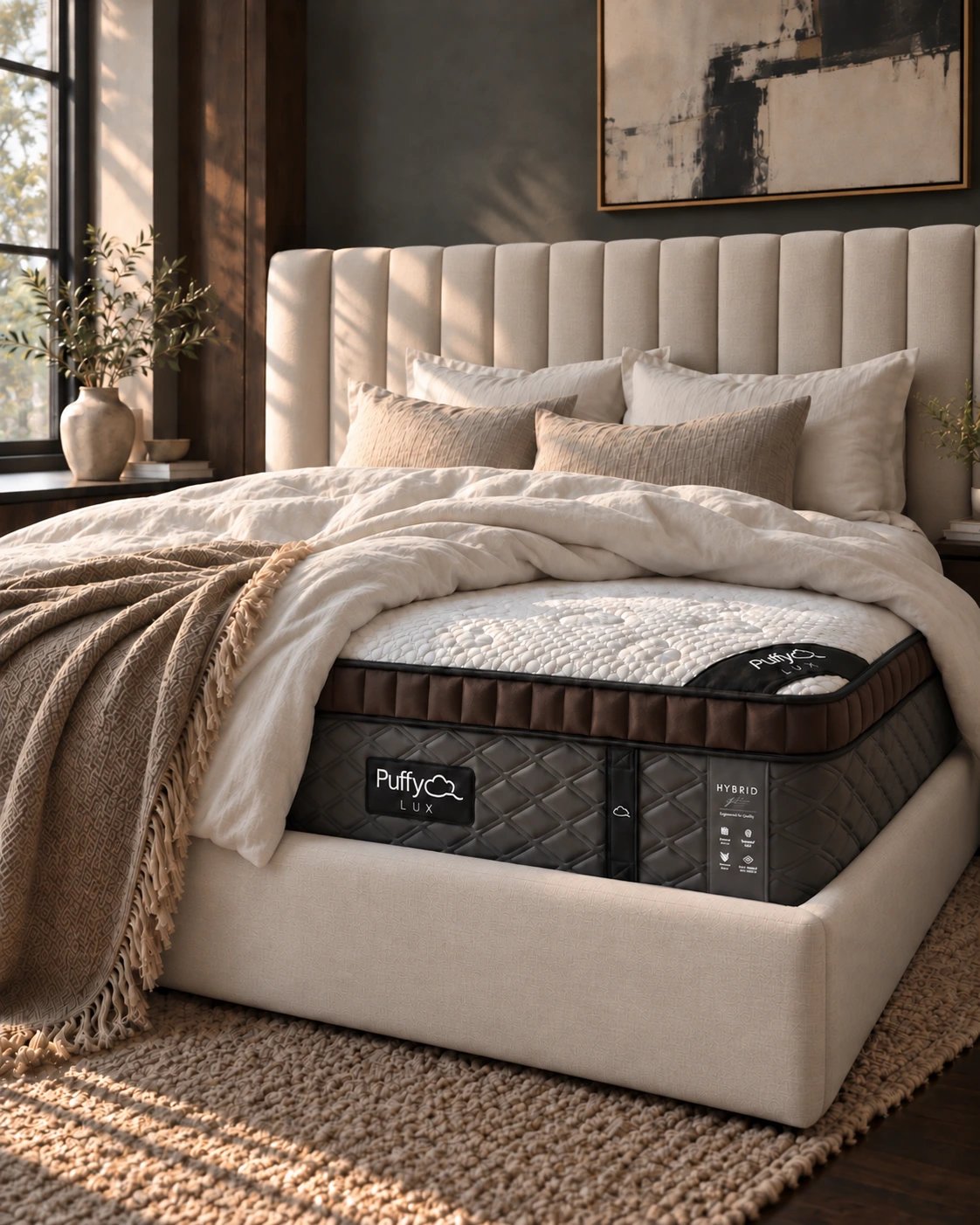 An upholstered bed with an exposed mattress corner and ivory bedding.