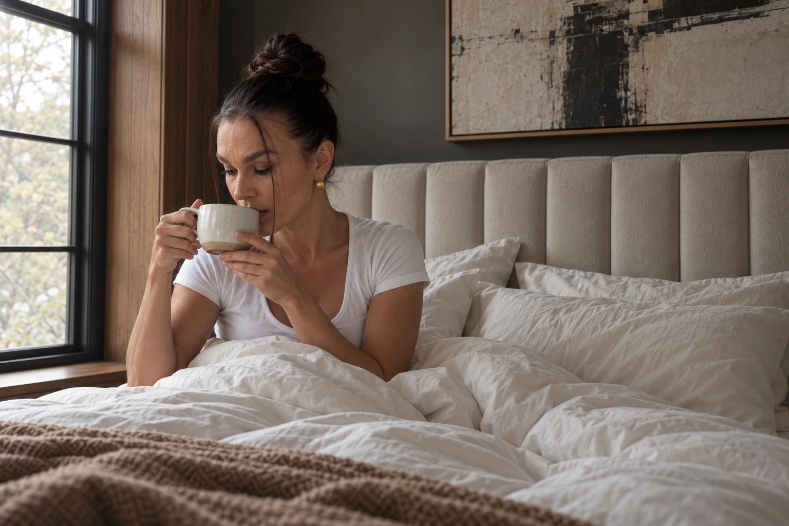 Sandra drinking coffee in the campaign bedroom with ivory bedding and neutral daylight.